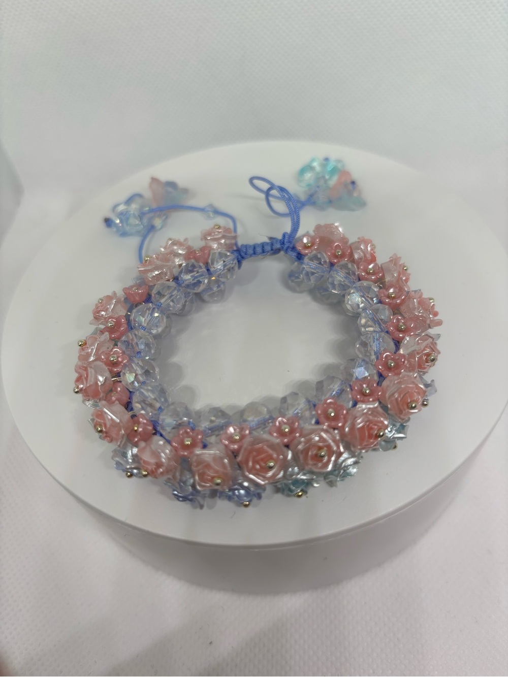 Hand crafted one of a kind Pink and blue Roses & Blue Bead Women's Bracelet
